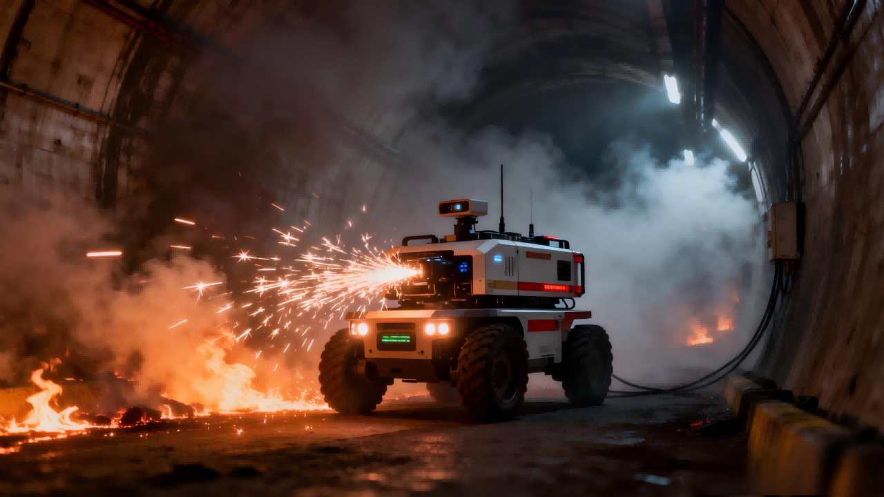 jimeng-2025-12-23-2856-充滿煙霧和熱浪的隧道火災(zāi)現(xiàn)場，消防無人車在狹窄空間內(nèi)執(zhí)行任務(wù)，充電時產(chǎn)生的火花在