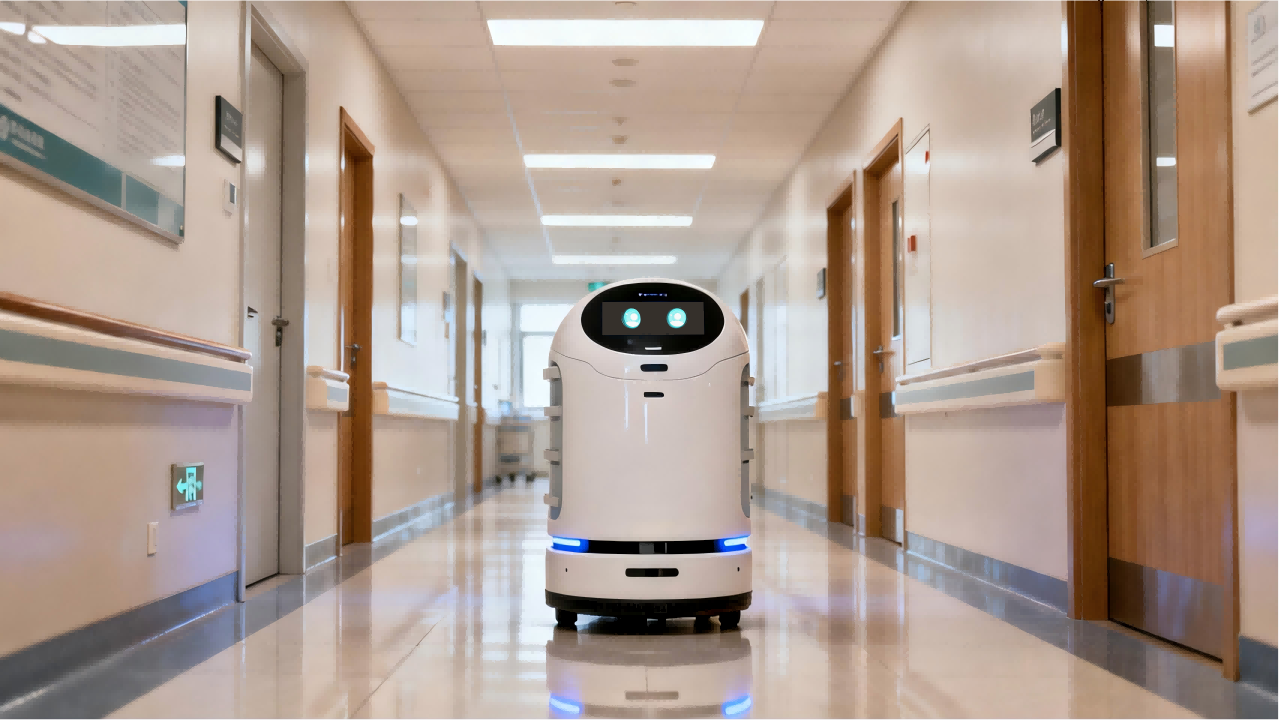 jimeng-2025-12-29-4584-現(xiàn)代科技感寫實(shí)風(fēng)格，醫(yī)院走廊場(chǎng)景，一個(gè)白色圓潤(rùn)的配送機(jī)器人正在走廊中行駛，機(jī)器人